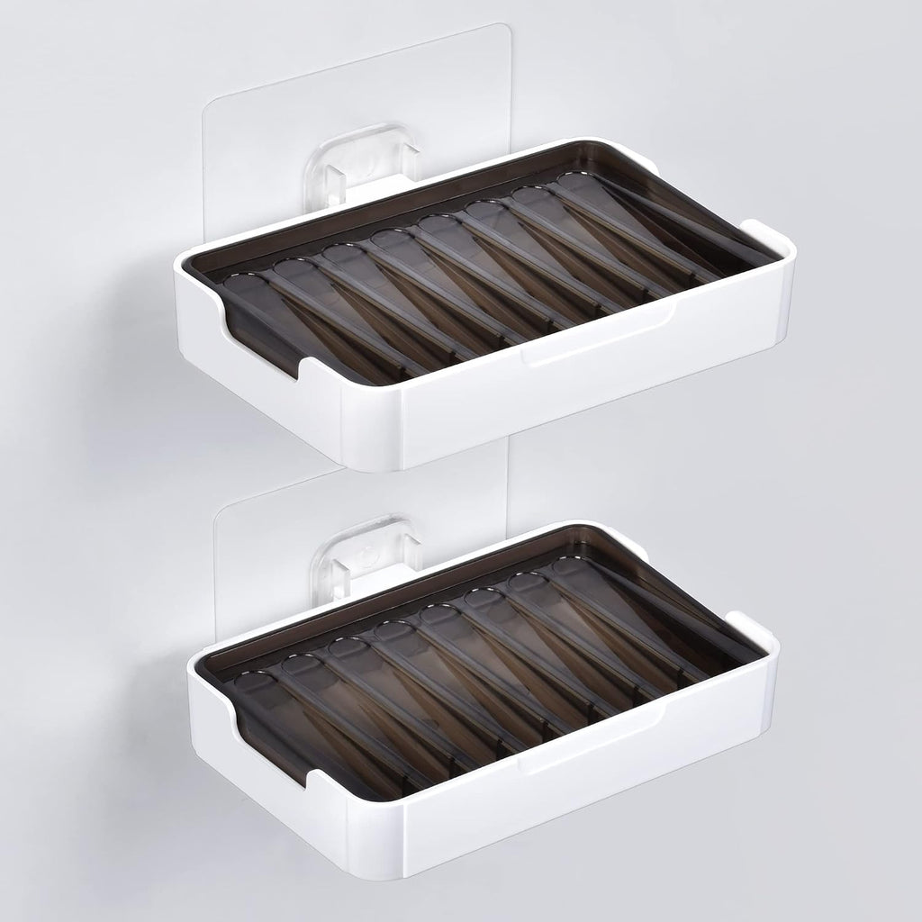 YOHOM Adhesive Bar Soap Holder for Shower Wall Hanging Soap Dish with Drain Tray Plastic Stick on Bathroom Sink Soap Holder 2PCS