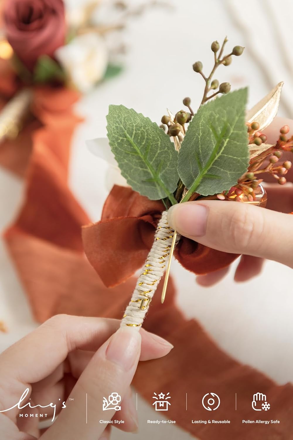 Ling's moment Boutonniere for Men, 2pcs, Fall Orange Terracotta