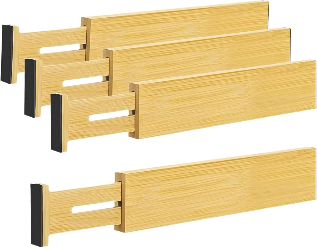 4 PCS Expandable Wooden Drawer Dividers, 2.6 in High Adjustable Wood Drawer Organizers, 12.5 to 17.5 in Spring Loaded Separators for Clothing, Kitchen Utensils, Desk, Bathroom Storage