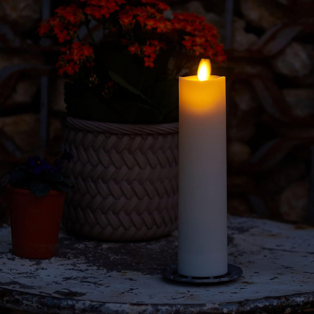 Luminara Outdoor Slim Pillar Flameless LED Candle, Ivory 2" x 8.5", Moving Flame Weather Resistant Timer Ready Battery Operated Safe Melted Edge