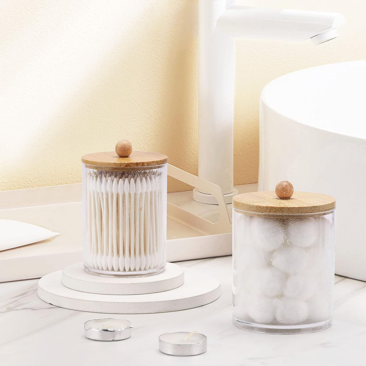 Tbestmax 4 Pack Qtip Holder Dispenser Cotton Ball, Cotton Swab, Floss - 12oz, 10 oz Clear Plastic Apothecary Jars for Bathroom Organizer and Storage Containers (Bamboo Lids)