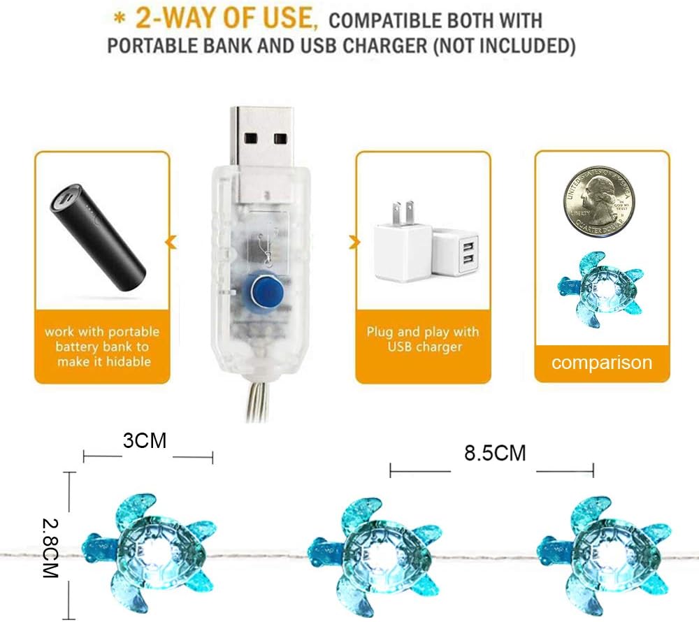 WSgift Sea Turtle Decorative String Lights, 18.7 Ft 40 LED USB Plug-in Silver Copper Wire Beach Theme Fairy Lights for Indoor Outdoor Decoration Projects (Cool White, Remote Control with Timer)