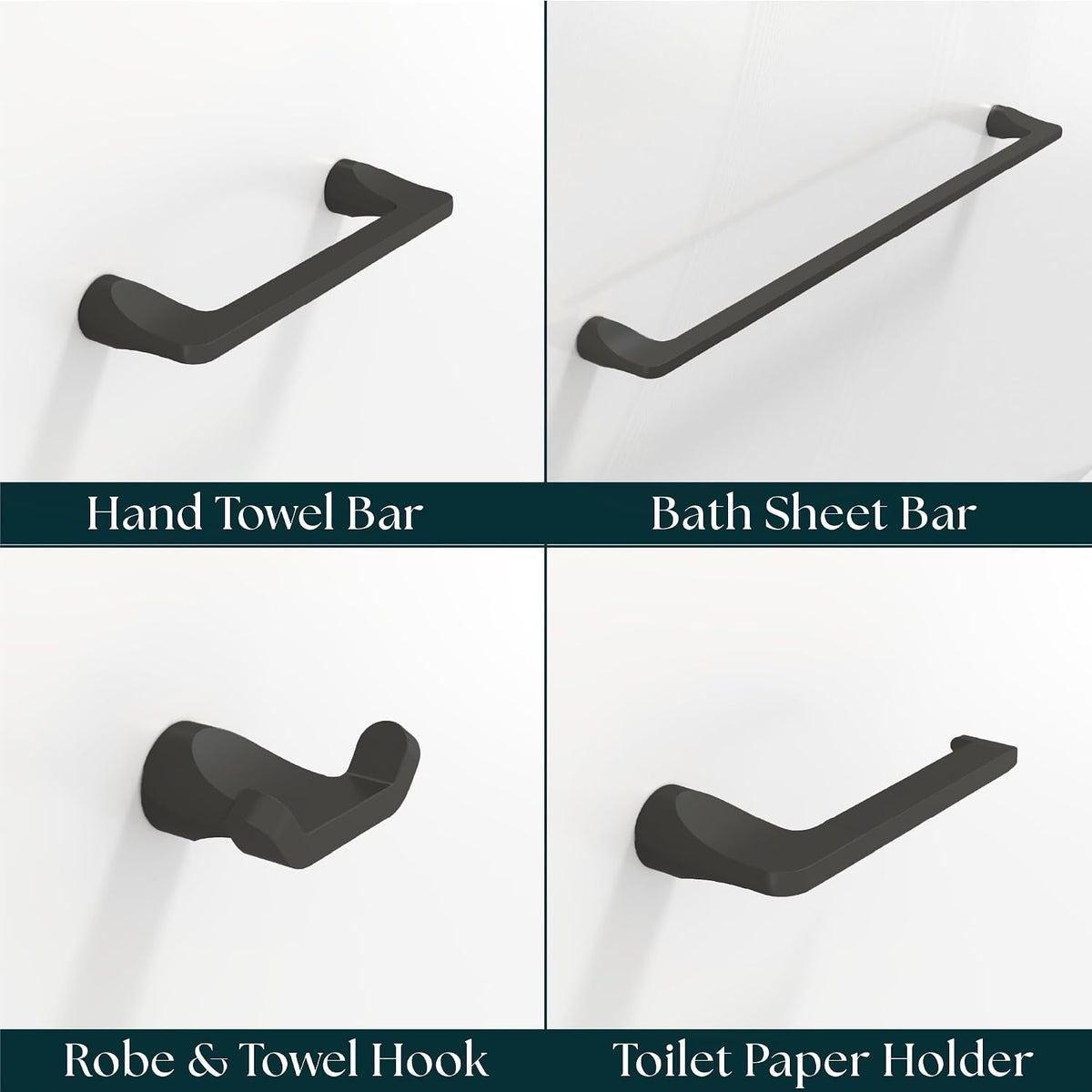 Mega Handles Bathroom Accessory Set Matte Black - 4-Piece, Towel Bar, Hooks