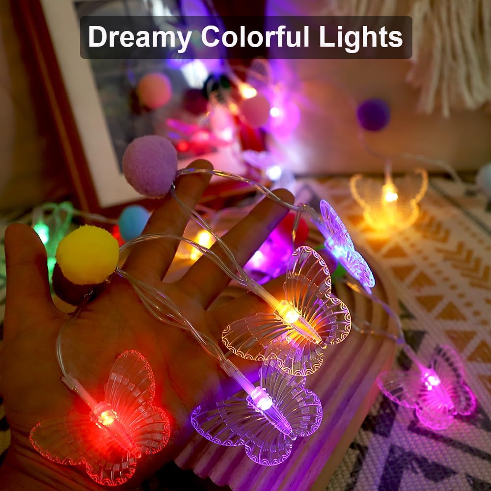 ChiRee 9.85FT Colorful Butterfly String Lights with Pom Pom