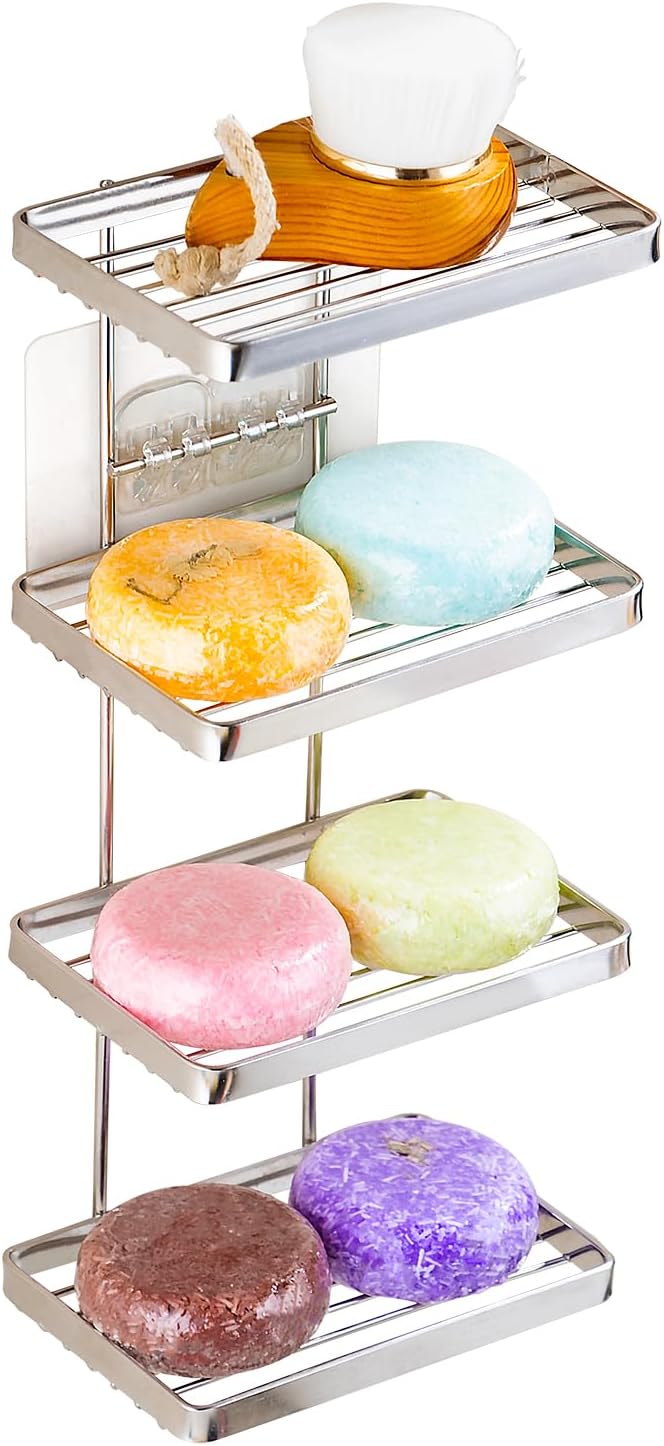 YQh 4 Tier Shower Shampoo Soap Holder, Shower Wall Soap Dish Holder, Shampoo Bar Holder, Bathroom Soap Box, Self-Draining Soap Bar Holder, Stainless Steel Soap Holder for Bathroom, Kitchen