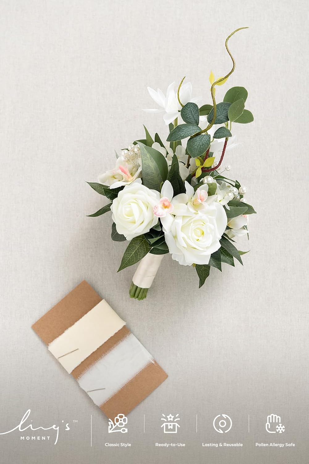 Ling's moment Artificial Flowers White Bridesmaid Bouquet, White & Sage Wedding Flowers Bouquets for Bridesmaids, 7 Inch Bridal Bouquets for Bridesmaids, Wedding, Ceremony, Anniversary, etc