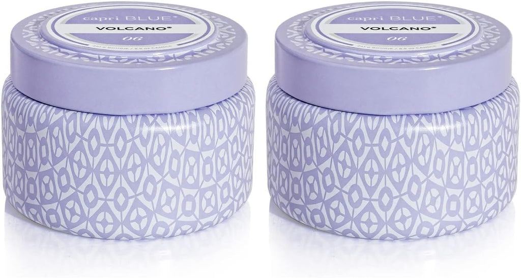 Capri Blue Volcano Printed Travel Tin Jar Candle - Luxury Candle with a Long Lasting Soy Wax Blend - Scented with Tropical & Fruity Fragrance (Lavender Color, 8.5 oz) (Pack of 2)