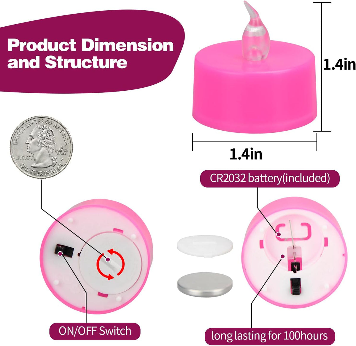 KOABY 24 Pack Pink Light Flameless Tea Lights, Pink Base, Last 100H