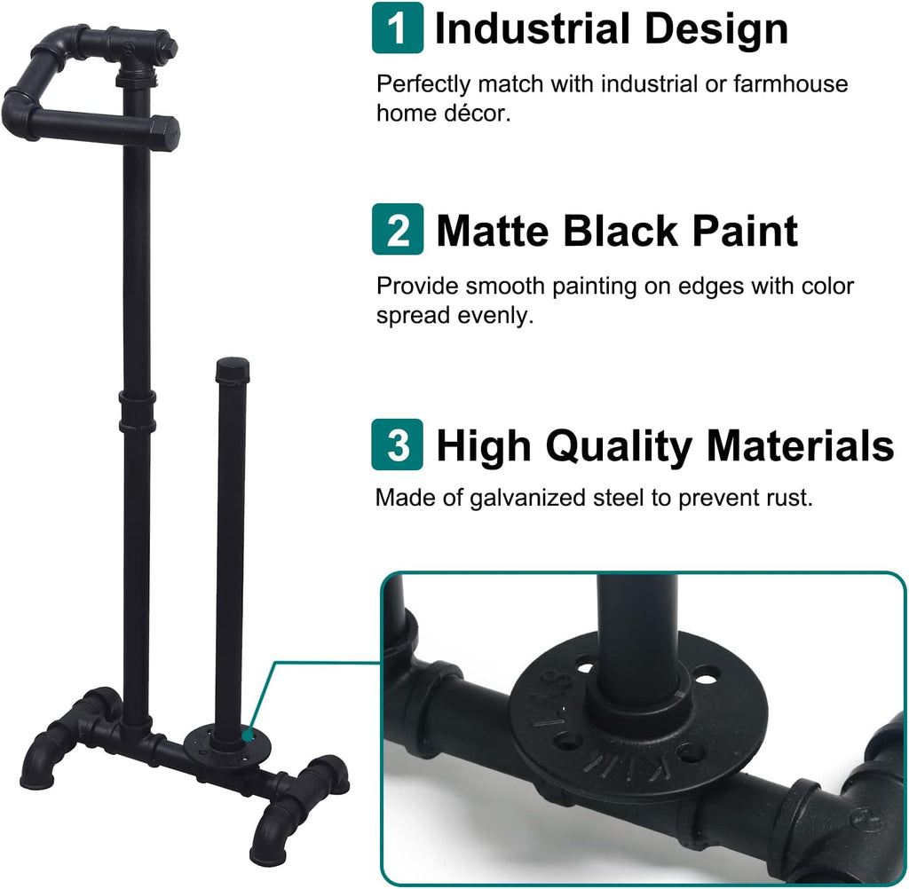 HouseAid Free Standing Industrial Pipe Toilet Paper Holder for Bathroom, Stand Rustic Iron Toilet Roll Holder with Reserve, Vintage Style, Matte Black