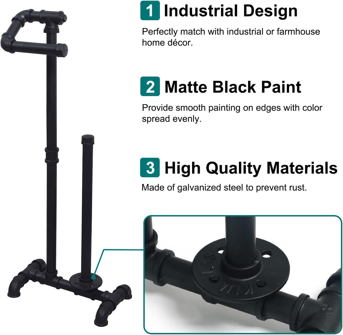HouseAid Free Standing Industrial Pipe Toilet Paper Holder for Bathroom, Stand Rustic Iron Toilet Roll Holder with Reserve, Vintage Style, Matte Black