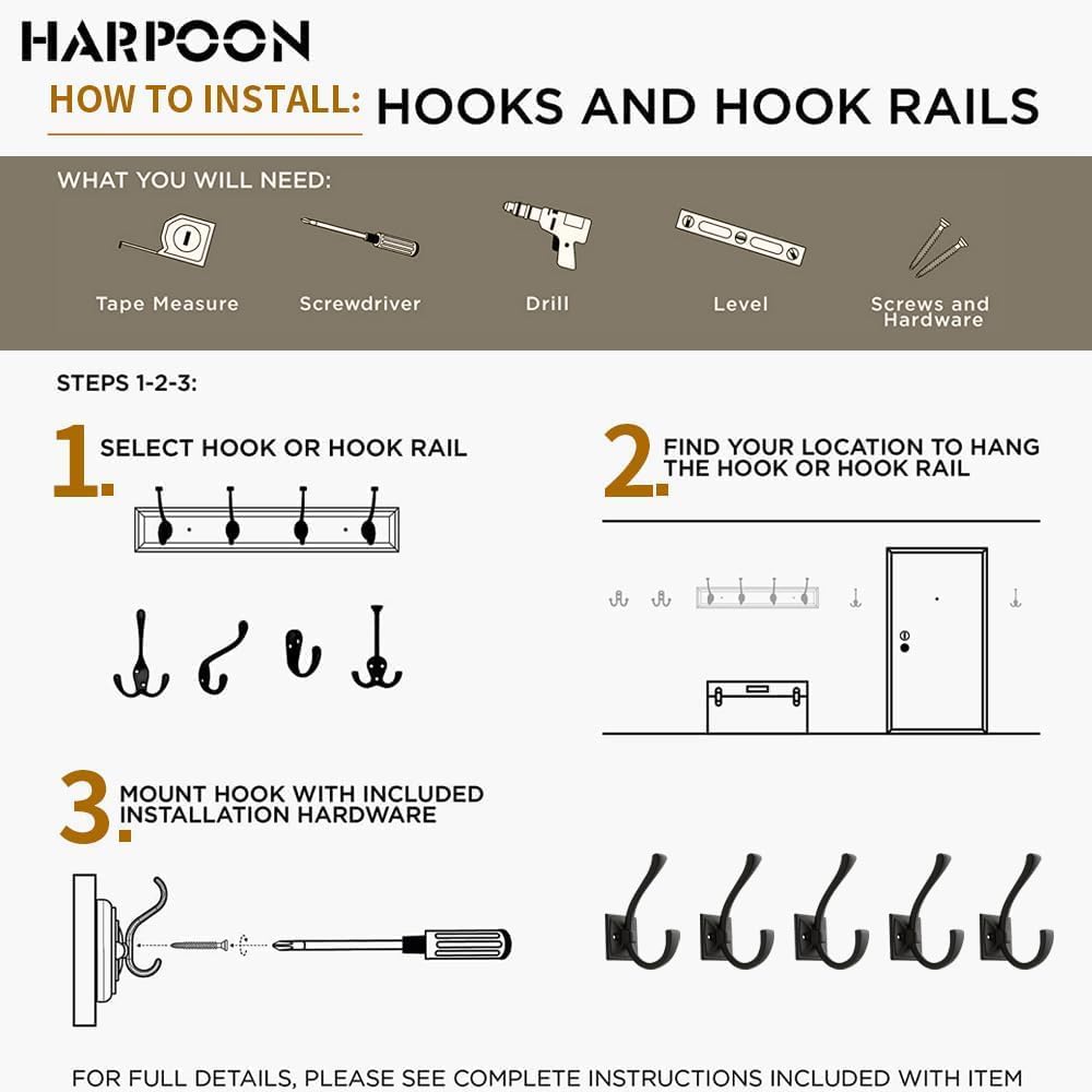 HARPOON 5 Pack 4.3" Double Prong Wall Hooks Oil-Rubbed Bronze Coat Hooks