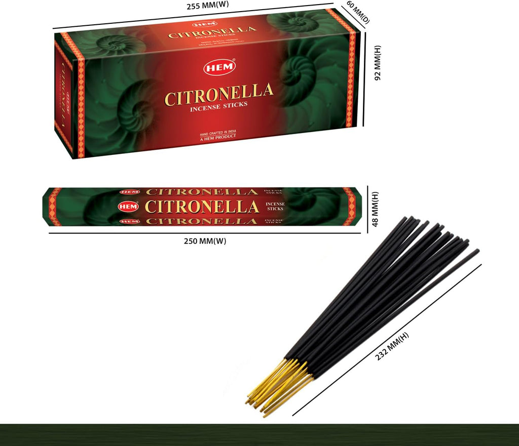 Hem Citronella Incense Sticks – Pack of 6 Boxes (120 Sticks Total, 9-Inch Long) | Fresh Lemon-Grass Aroma for Home, Meditation & Outdoor Use | Natural Hand-Rolled Incense from India