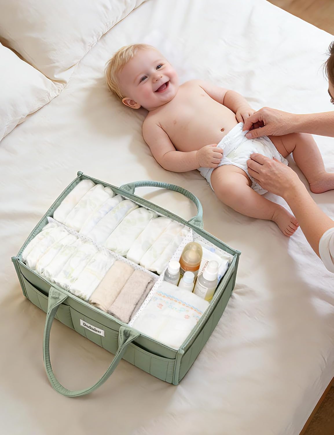 Quilted Diaper Caddy Organizer, Nursery Storage Basket with Dividers