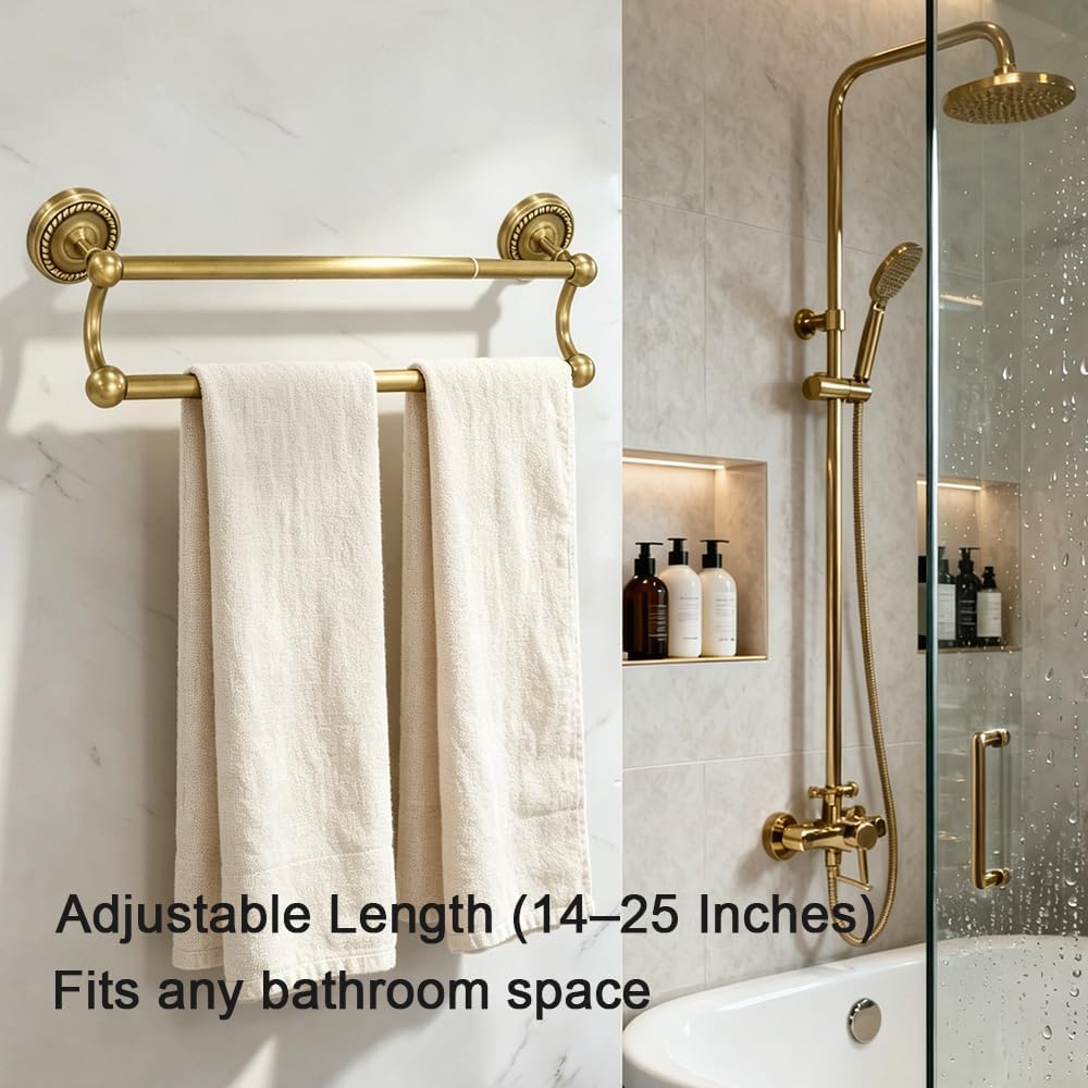 Adjustable GoldDouble Towel Bar, Antique Brass Wall Mount Towel Rack | Fits 16.4 to 27.8 Inch Wall Space, Heavy Duty Rustproof Towel Holder for Bathroom & Kitchen