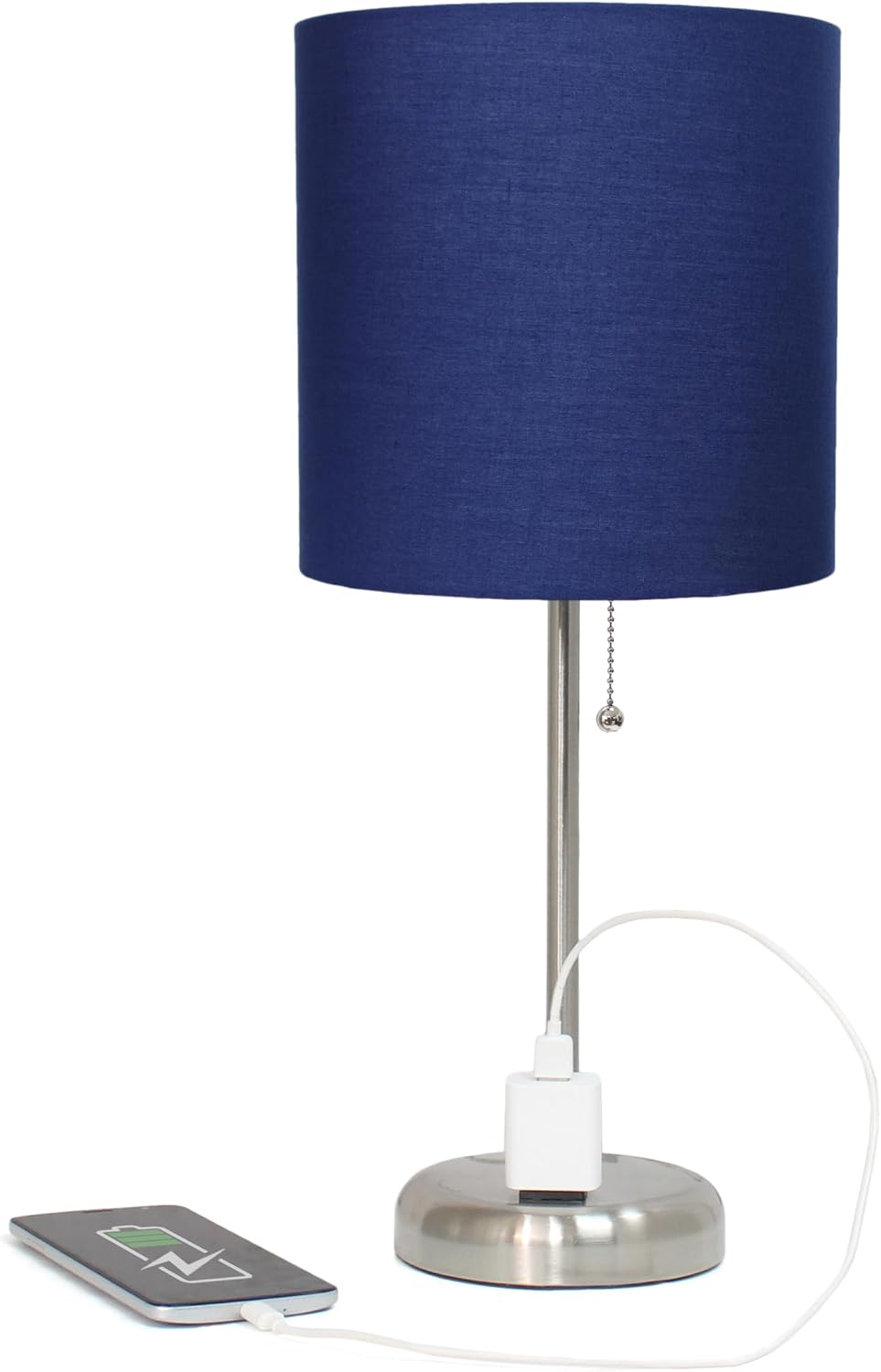 Simple Designs LT1144-NAV Sleek and Slender Brushed Steel Table Lamp with Charging Outlet, for Bedroom, Living Room, Entryway, Office, Dining Room, Study, Navy Blue Shade
