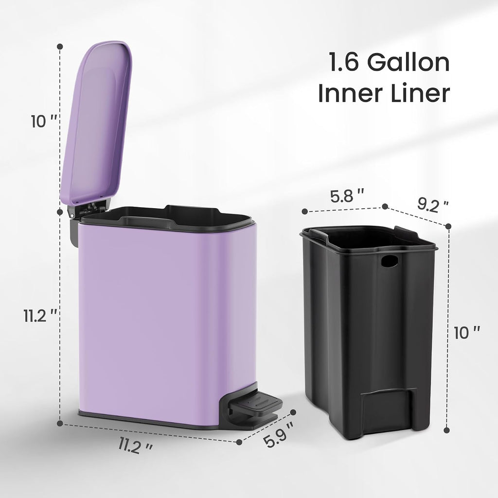 Cesun Small Bathroom Trash Can with Lid, 1.6 Gal, Soft Close, Purple