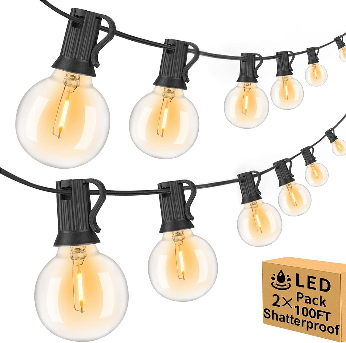 200ft 2-Pack Outdoor String Lights,Dimmable G40 LED String Lights with 104 Shatterproof Clear Bulbs UL Approval Waterproof Globe 1W 2700K Outdoor Lighting for Backyard Porch Cafe Party Wedding Garden