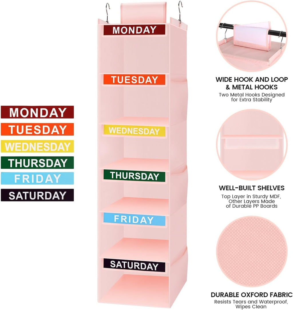 Weekly Clothes Organizer for Kids, 6-Shelf Kid Hanging Closet Organizer w/ 6 Side Pockets, Labeled Weekly Outfit Organizer for Kids, Days of The Week Clothes Organizer Monday Through Friday Pink
