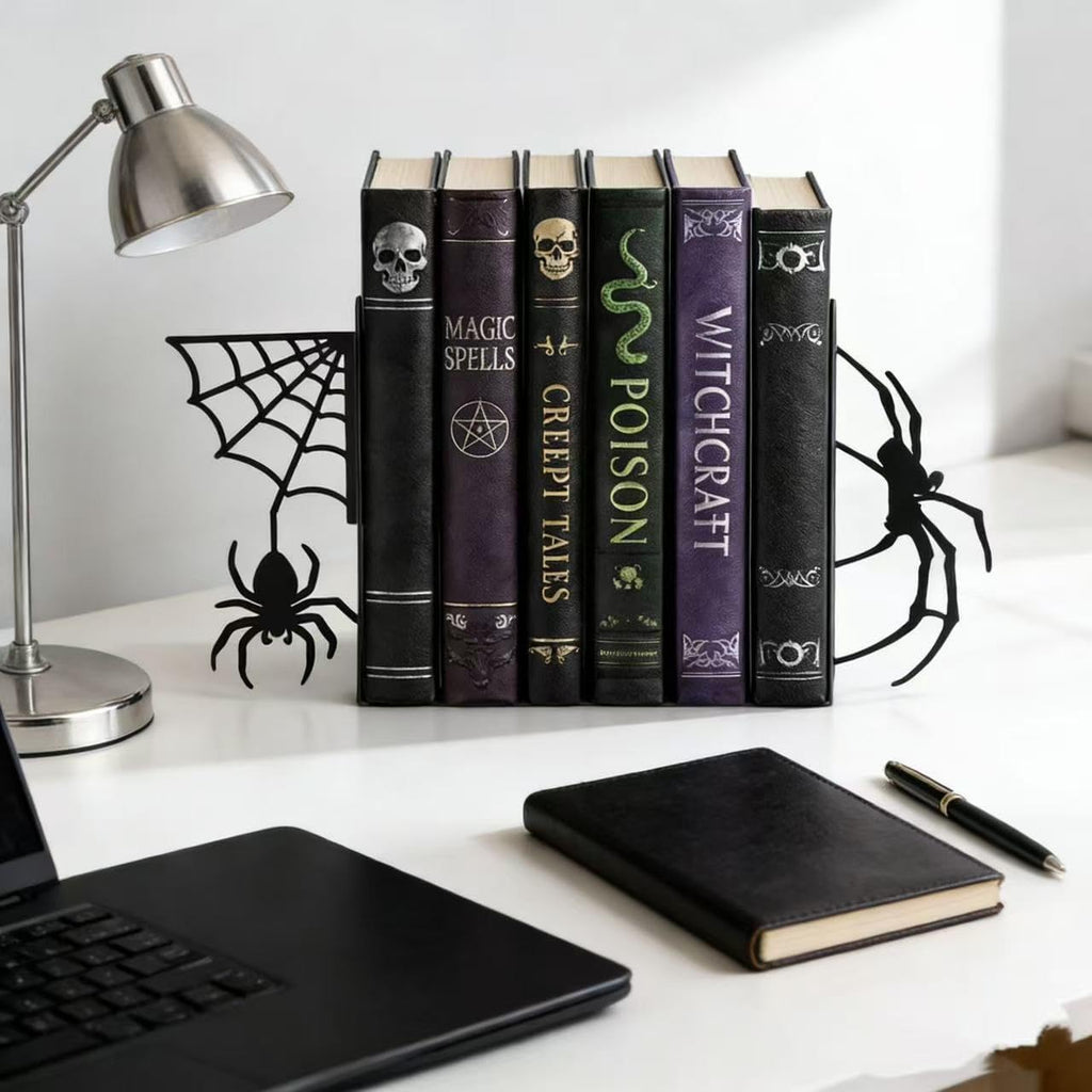 Spider Metal Bookends Set of 2 Stylish Gothic Design Black Spider and Web Bookends for Shelves Office Desk Home Decor Book Lovers Gift Reading Enthusiasts