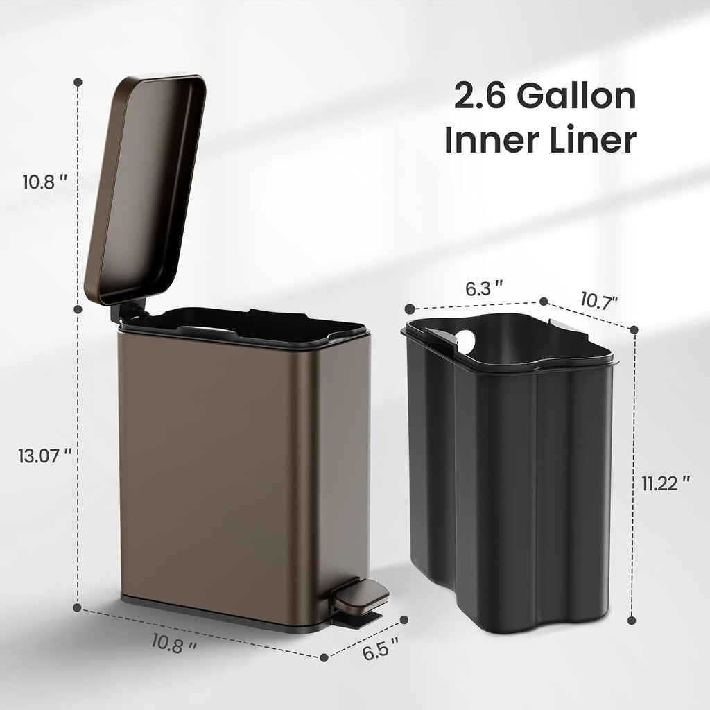 Cesun 2.6 Gallons Small Bathroom Trash Can with Lid Soft Close, Brown