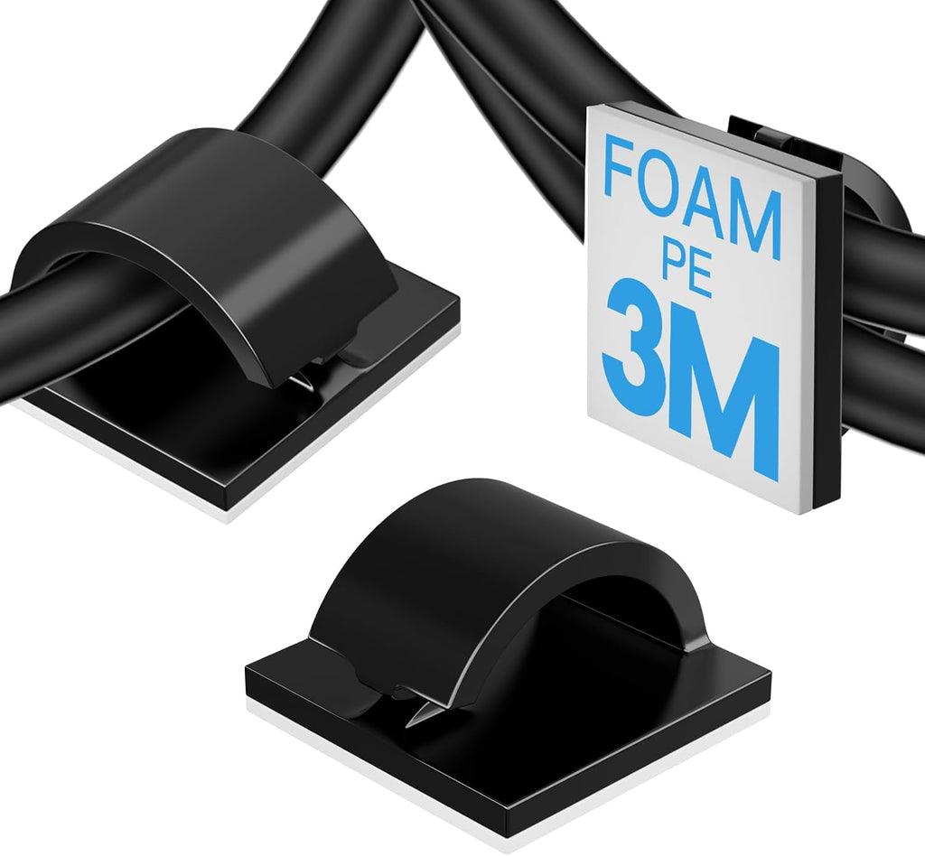 50Pcs Strong Black Adhesive Cable Clips, Dash cam Clips, car Wire Clips,Cord Organizer Cable Management,Cord Holder for Under Desk TV wall nightstand Office Home