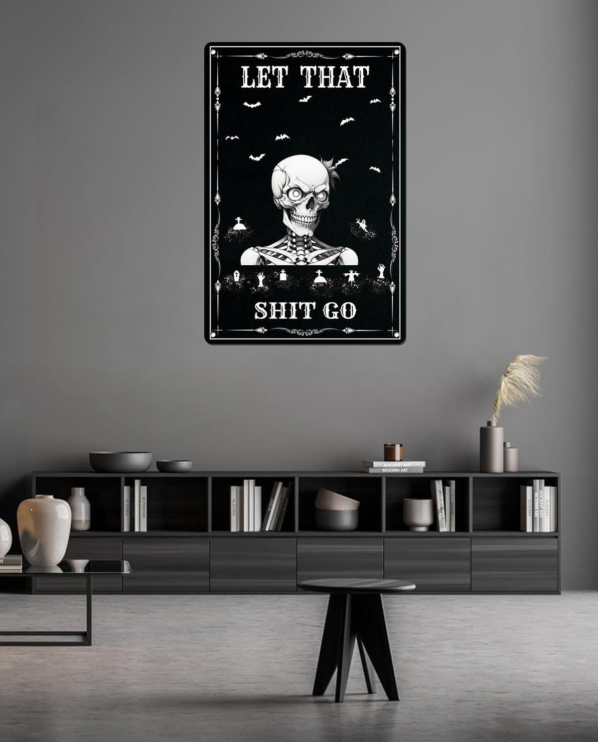 Skull Poster - Funny Bathroom Sign Wall Decor - Halloween Skull Decor - Let That Shitgo - Quote Wall Art for Bathroom Decor - 8x12 inches Hanging Tin Sign