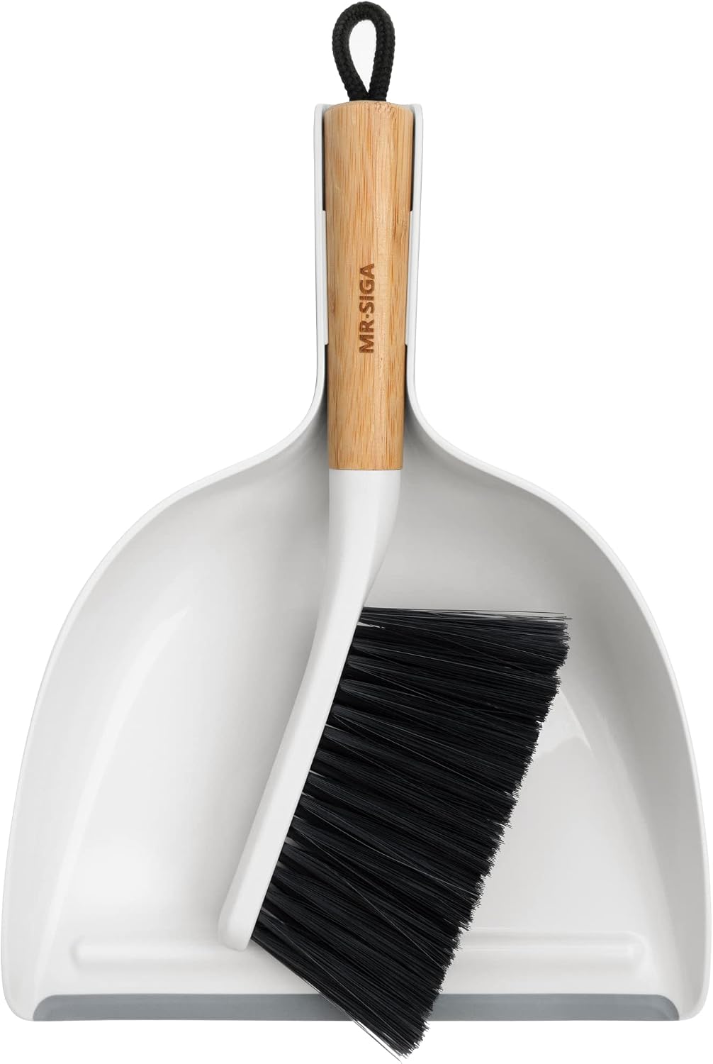MR.SIGA Dustpan and Brush Set, Bamboo Handle, White, 1 Set