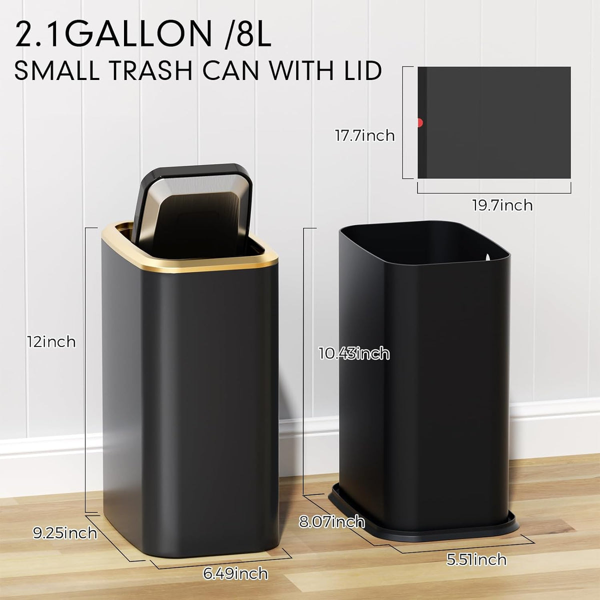 Bathroom Trash Can with Lid 8L/2.1 Gallon Black Trash Can Small Garbage Can with Swing Top Lid Slim Stainless Steel Garbage Can with 100 Counts Trash Bags for Bathroom Bedroom Kitchen Office Toilet