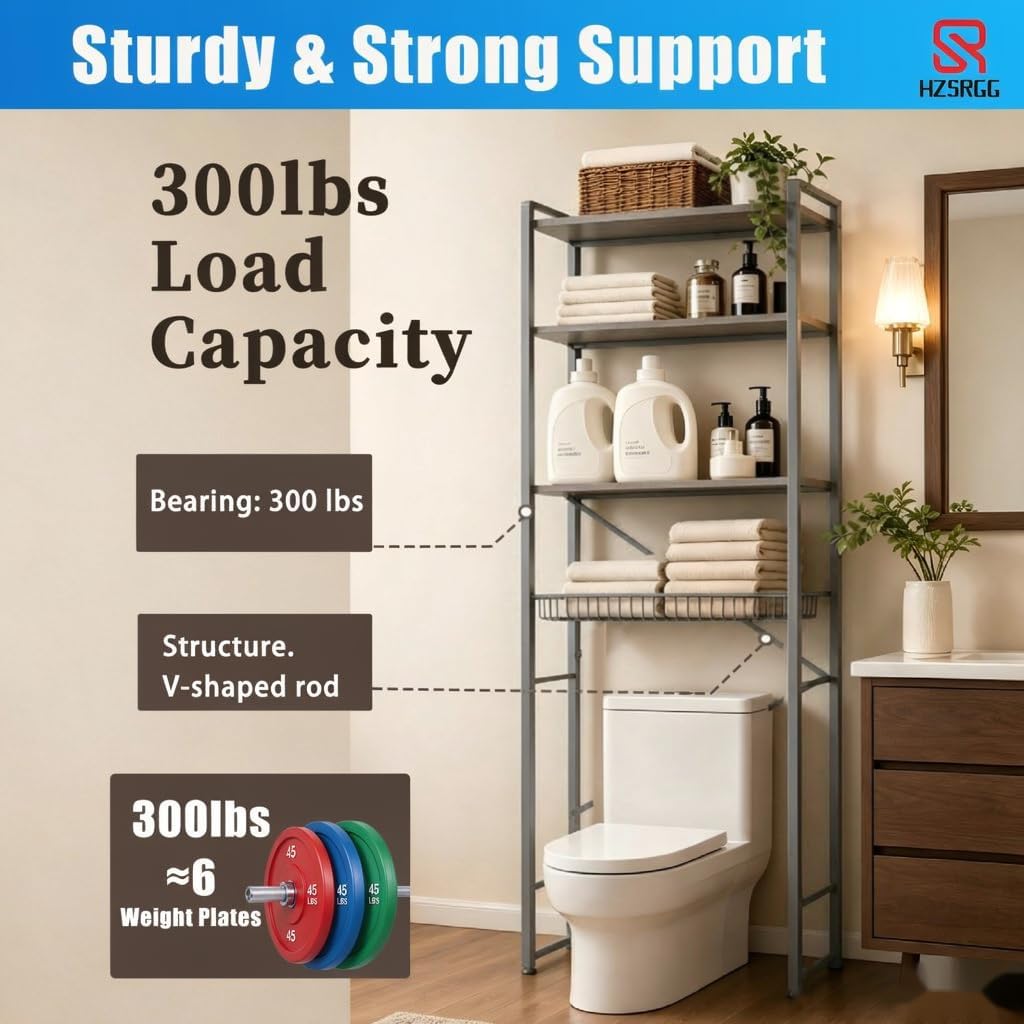 Over The Toilet Storage, 4-Tier Bathroom Organizer with V-Shaped Support & Pre-Welded Frame, Freestanding Rustproof Shelf with Toilet Paper Holder, Heavy Duty, 60" Tall, Grey