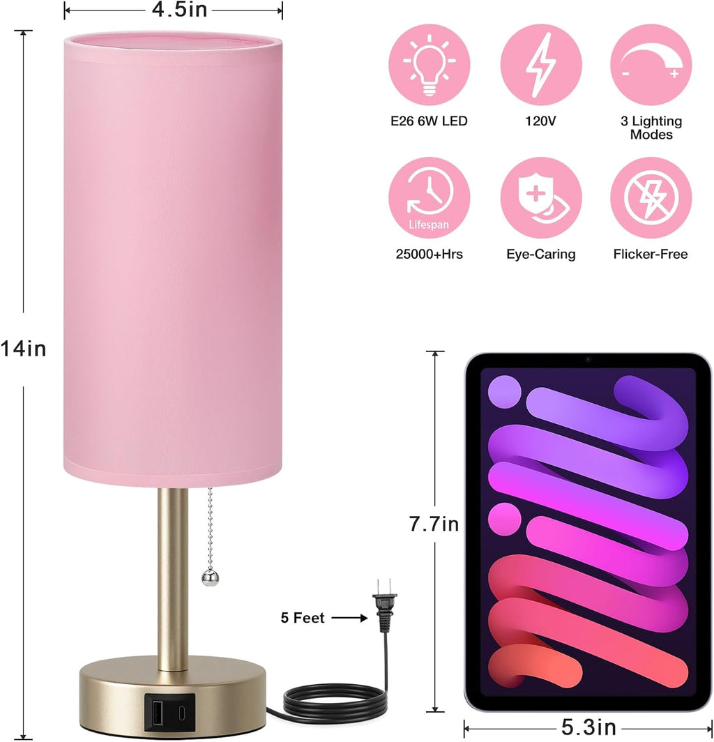 Pink Bedside Table Lamp for Bedroom - Small Nightstand Lamp for Girls