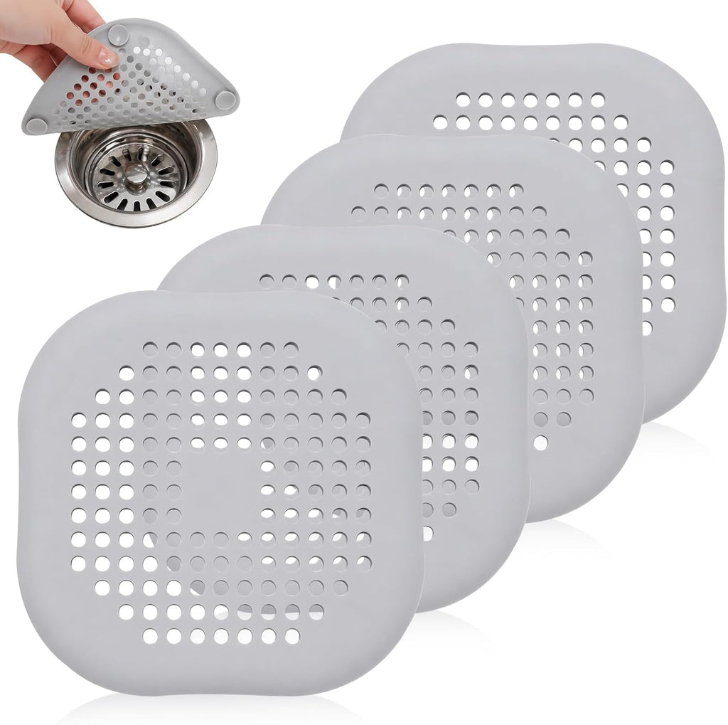 4-Pack Grey Silicone Shower Drain Hair Catchers, Square Drain Covers with Suction Cups, Easy-Clean Hair Stopper for Bathroom, Bathtub, Laundry, and Kitchen Sink