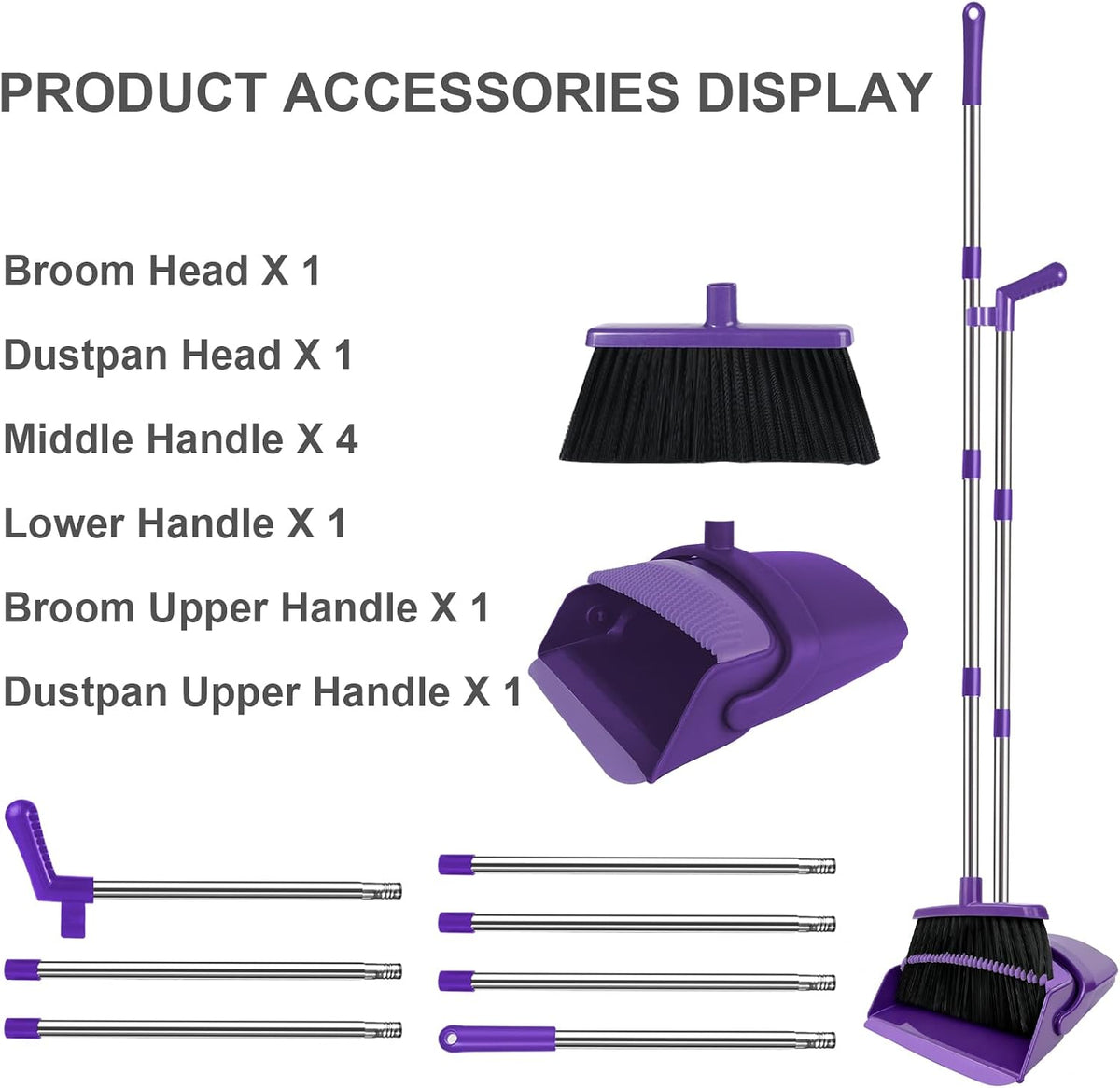 Purple Broom and Dustpan Combo Set, 51" Long Handle Broom
