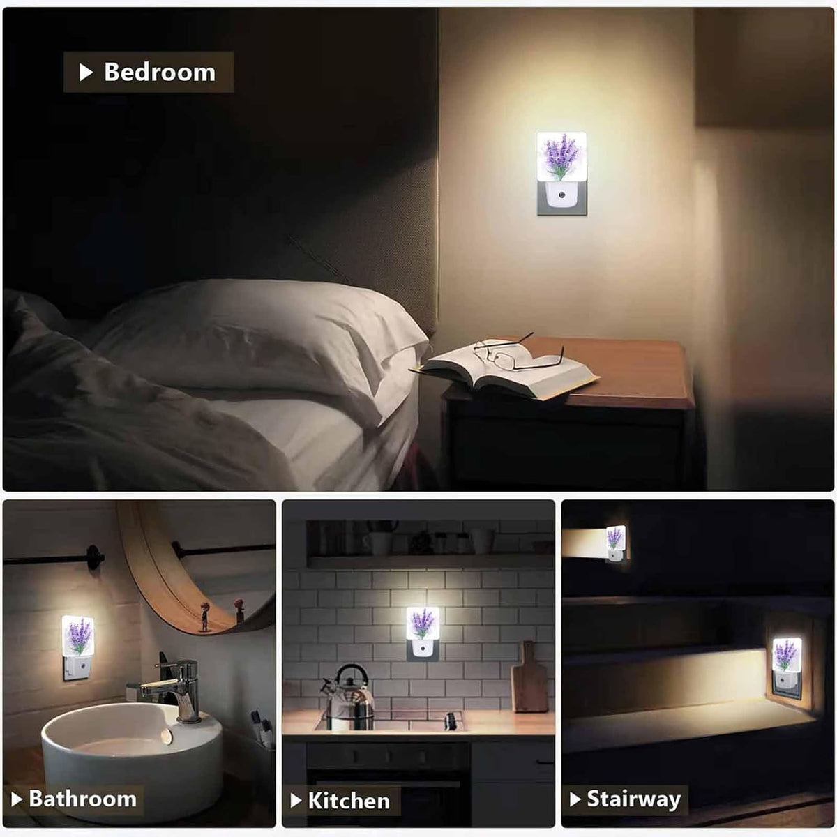 LED Night Light,Delicate Purple Lavender Flowers LED Night Light Plug into Wall with Dusk to Dawn Light Sensor White Energy Efficient Nightlight for Bedroom Bathroom Hallway LivingRoom Kitchen