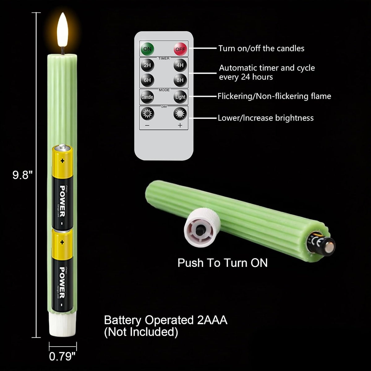 Green Flameless Taper Candles Battery Operated with Remote Timer