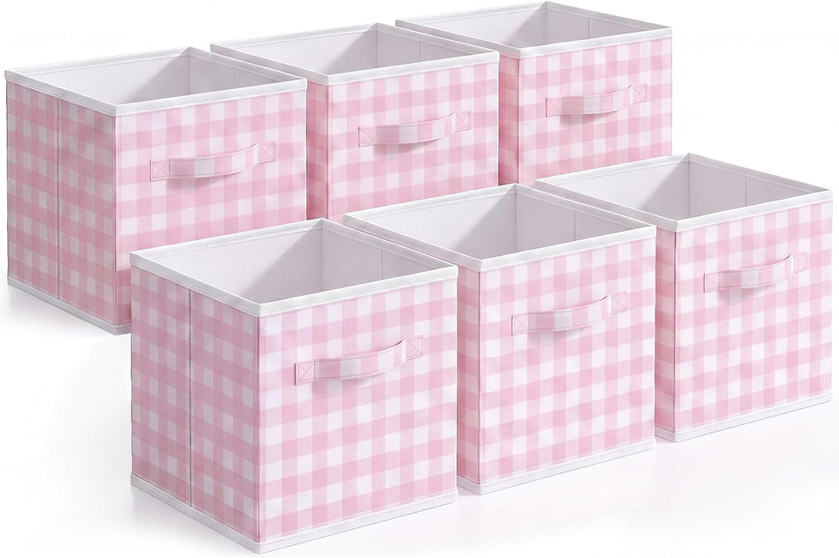 Yalikop 6 Pcs Pink Gingham Cube Storage Bins, 11 Inch Fabric Checkered Classroom Storage Bins Organizer with Handle Preppy Collapsible Cubby Basket for Classroom Home Nursery Playroom Bedroom