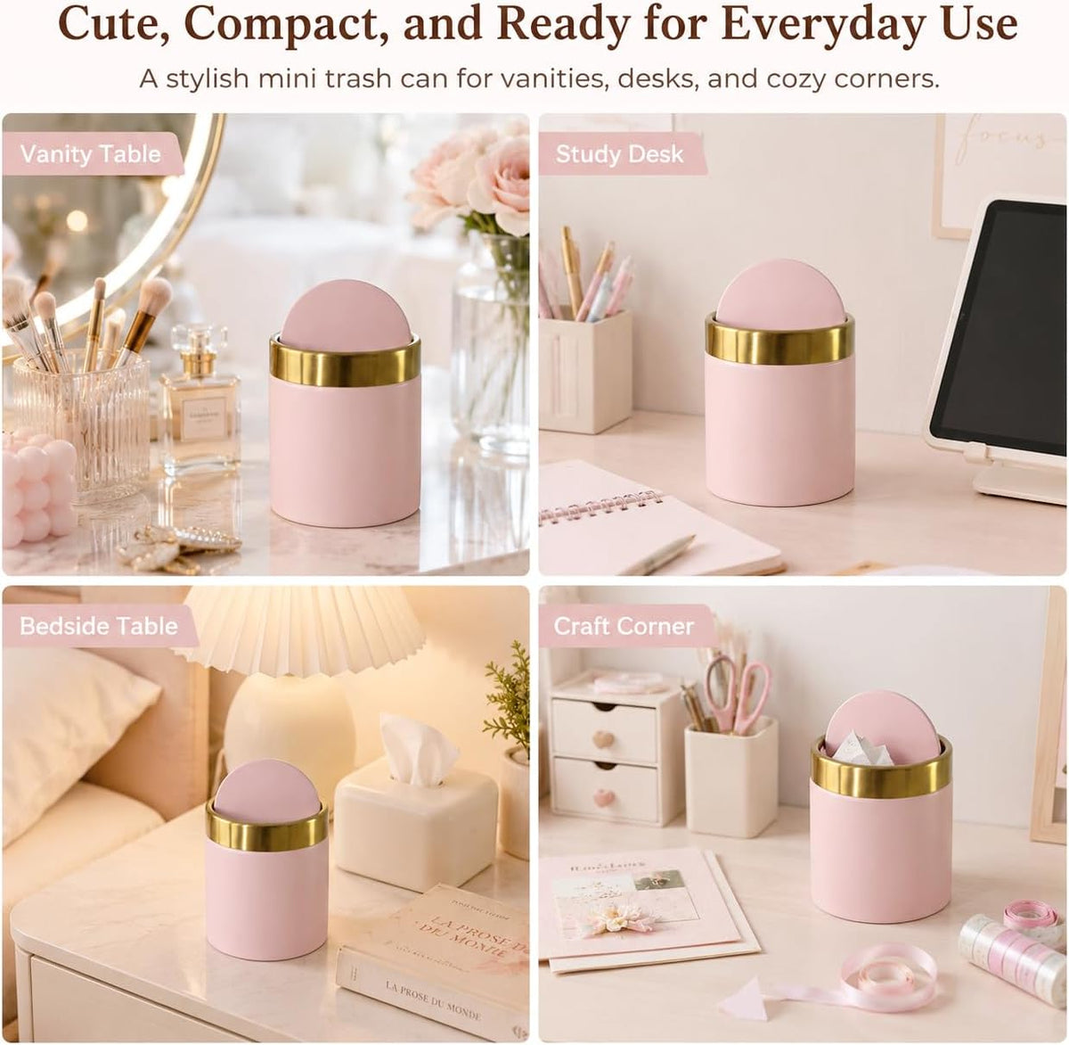 Pink Mini Trash Can with Swing Lid, 0.4 Gal Metal Countertop Bin