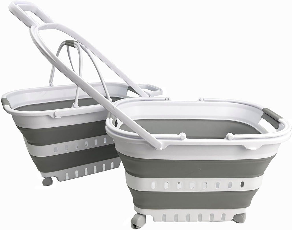 SAMMART 35L (9.24 Gallons) Collapsible Plastic Laundry Basket with Handle and Wheels - Foldable Pop Up Storage Container/Organizer with handle and wheels - Space Saving (2, White/Grey)