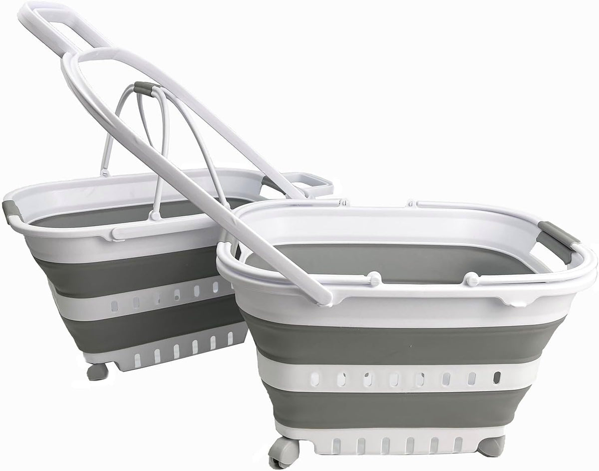 SAMMART 35L (9.24 Gallons) Collapsible Plastic Laundry Basket with Handle and Wheels - Foldable Pop Up Storage Container/Organizer with handle and wheels - Space Saving (2, White/Grey)