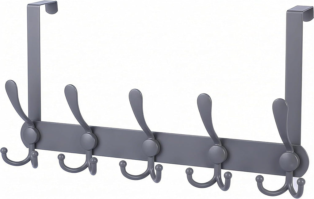 Over The Door Hooks, Heavy Duty Door Hanger with 5 Tri-Hooks for Hanging Clothes, Coats, Towels, Matte Gray OTD Storage Rack, Fits Standard 1-3/4" Doors, 60 lbs Max
