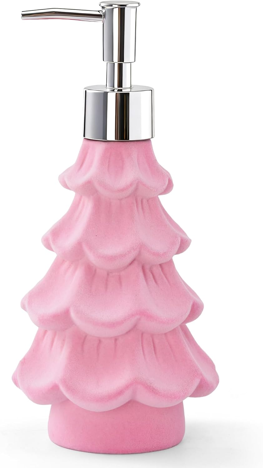 Christmas Soap Dispenser, Flocked Pink Christmas Tree for Bathroom Kitchen