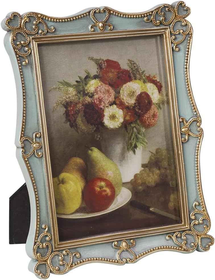 Vintage Picture Frame,Antique Style,Old-Fashioned,Square/Oblong Shape,Gold Floral Relief,Wall and Tabletop Victorian Frame (Sea Foam Green, 5X7)
