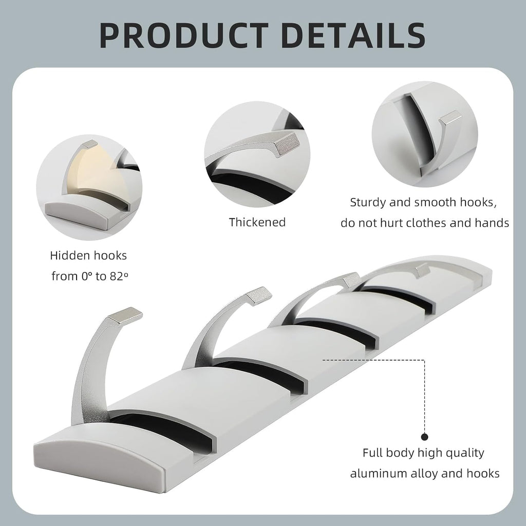 Foldable Stylish Modern Hook Rack with 5 Hooks, Coat Hooks Wall Mount, Metal Coat Hook Rail for Coat Hat Towel Purse Robes Mudroom Bathroom Entryway (White and Silver)