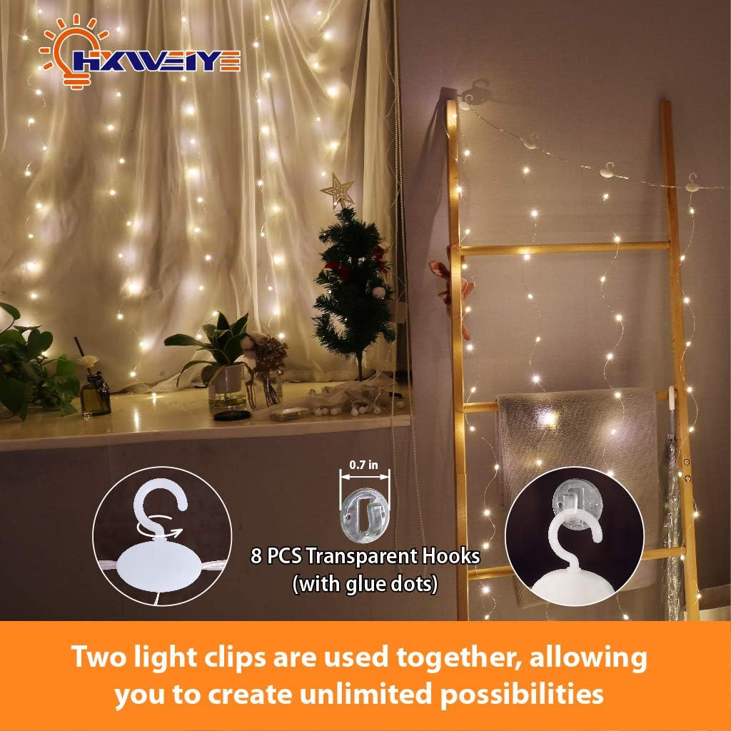 HXWEIYE Short Curtain Lights, 3.3x5FT 96LED, Battery Powered, Timer