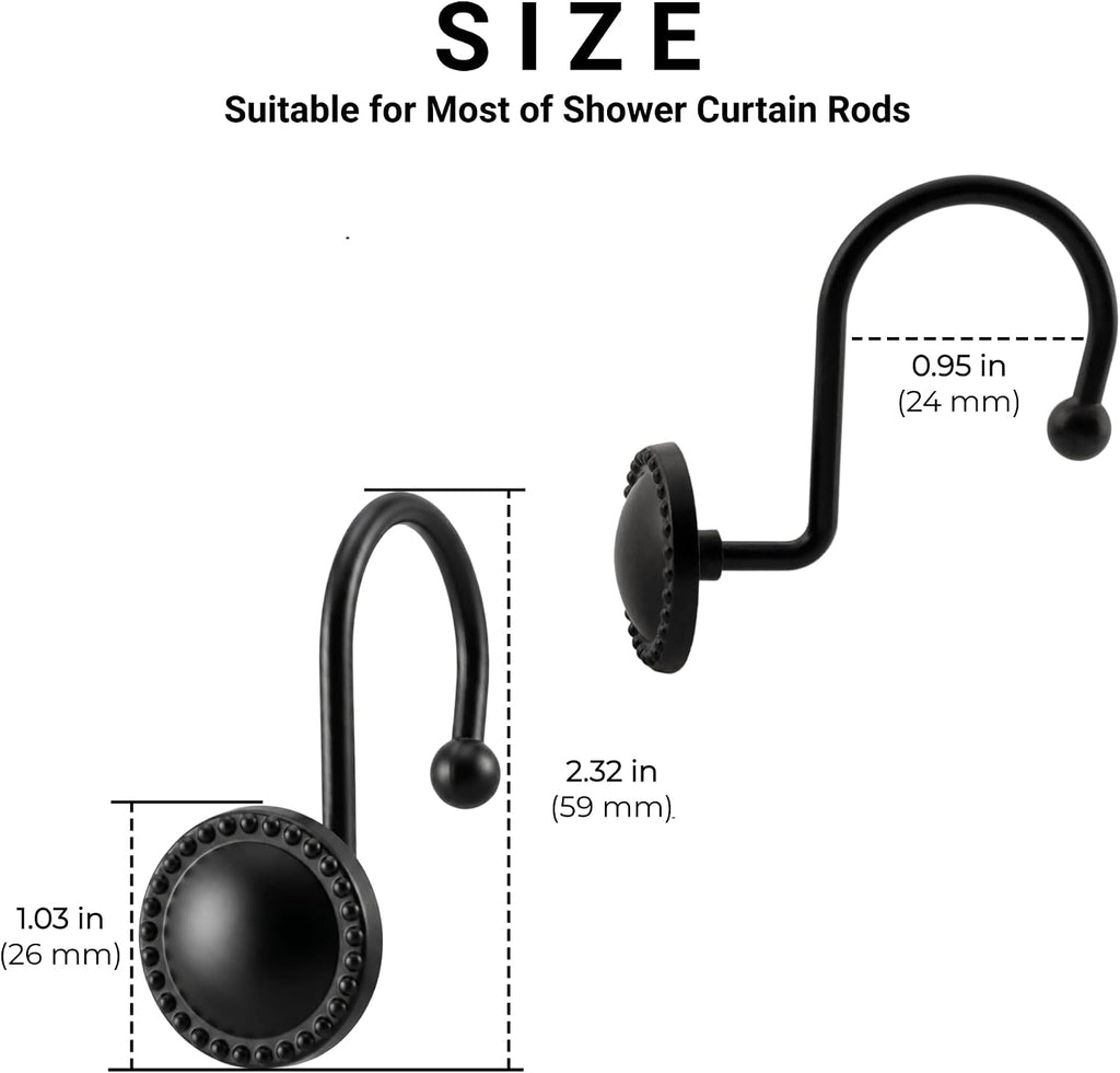 Shower Curtain Hooks,Rust-Resistant Decorative Rings,12-Pack,Black