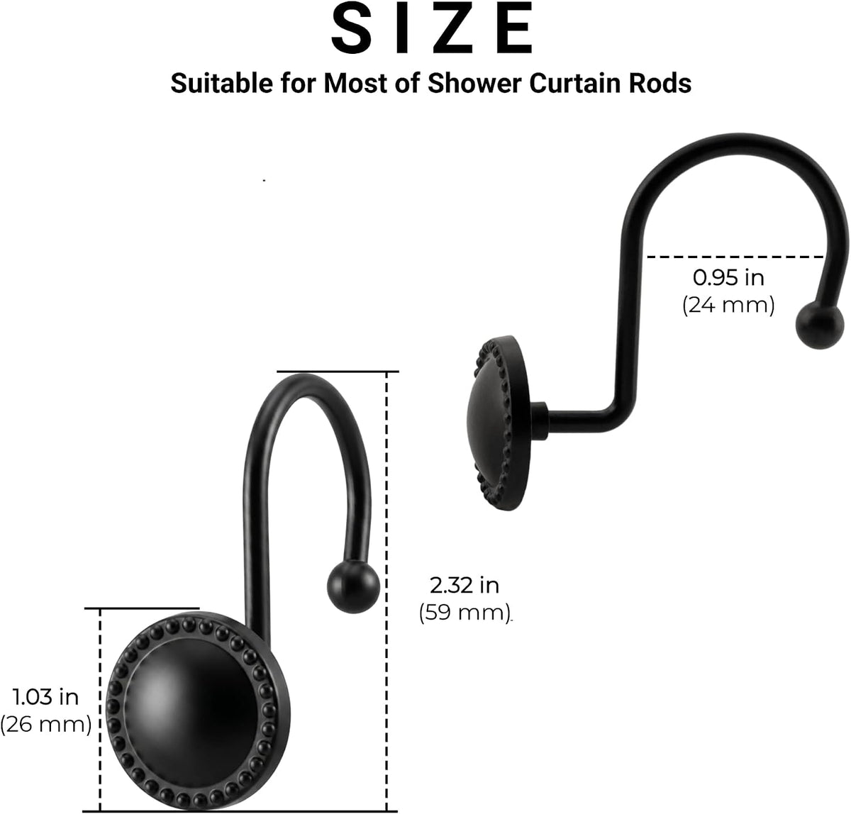 Shower Curtain Hooks,Rust-Resistant Decorative Rings,12-Pack,Black