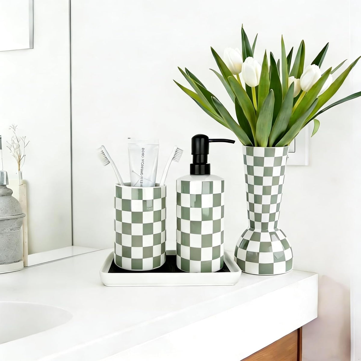 Sage Green Checkered Vase, Aesthetic Modern Ins Cool Flower Vases for Home Decor, Entryway Table, Centerpieces Decoration for Kitchen, Living/Dining Room, Bedroom, Bathroom, Coffee Tables (Ceramic)