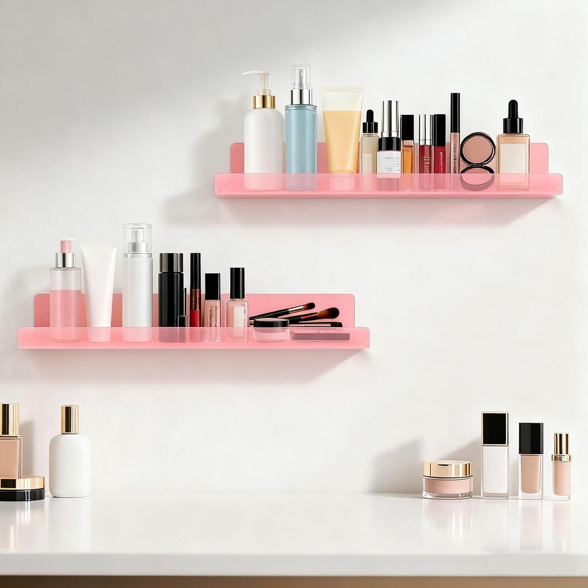 Dezzer 6 Pack Acrylic Shelves for Wall, 15" Acrylic Floating Shelves for Bathroom Bedroom, Invisible Bookshelf Wall Ledge Storage Shelf Books Perfume Toys Action Figure Display Shelves, Pink