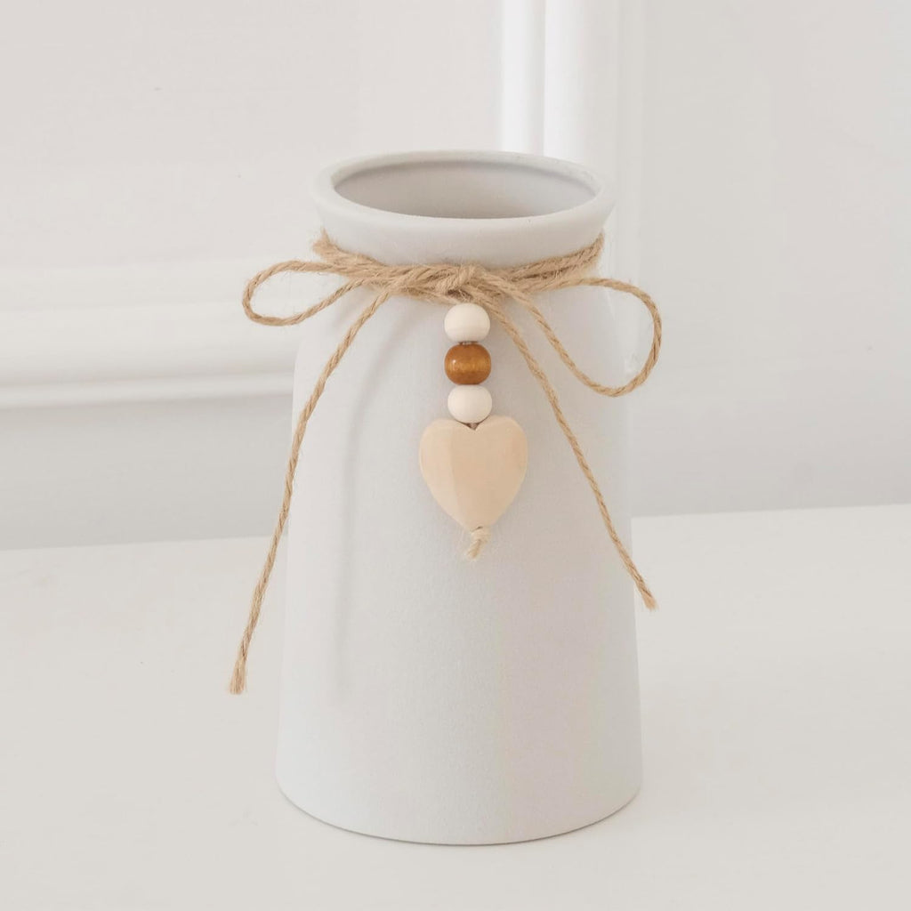 Charming 6-Inch Ceramic Vase | Jute Rope & Heart Charm Vase for Bohemian Farmhouse & Boho Décor, White Color
