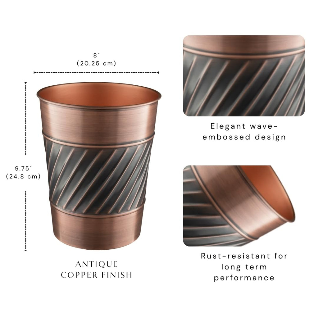Monarch Abode Metal Bathroom Trash Can – Waste Basket for Bedroom, Office Desk, & Dorm, Handcrafted Wave Embossed, Durable Decorative Antique Copper Small Trash Can Bathroom Garbage Bin Wastebasket