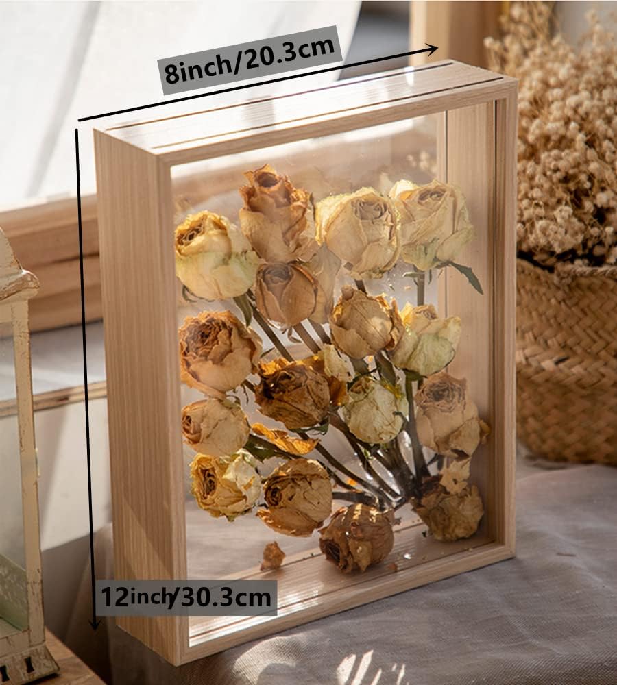 Wooden Dried Flower Photo Frame Dried Flower Display Stand Decorative Floating Photo Frame,Double Sided Plexiglass Shadow Box Picture Frame,for Display Dried Flowers,Handicrafts (Wood Color-8x12)